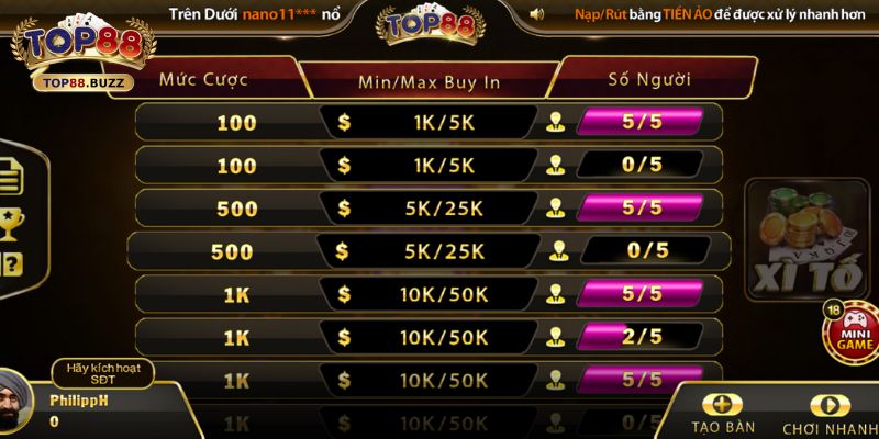 Luat choi game xi to tai Top88